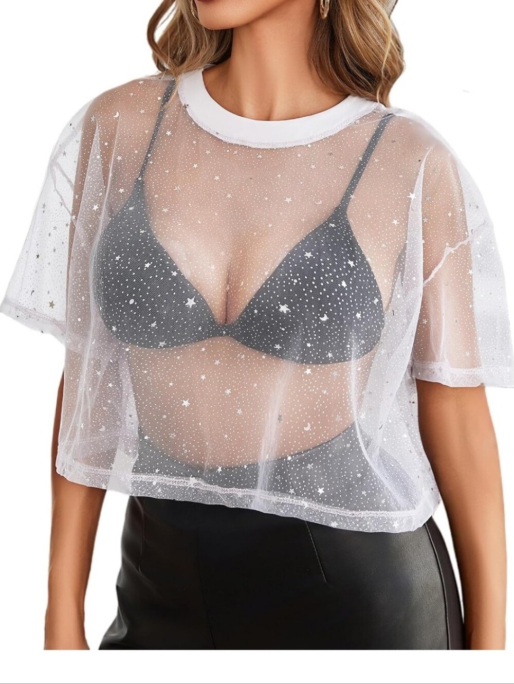Amazon White Sheer Star Mesh Crop Top